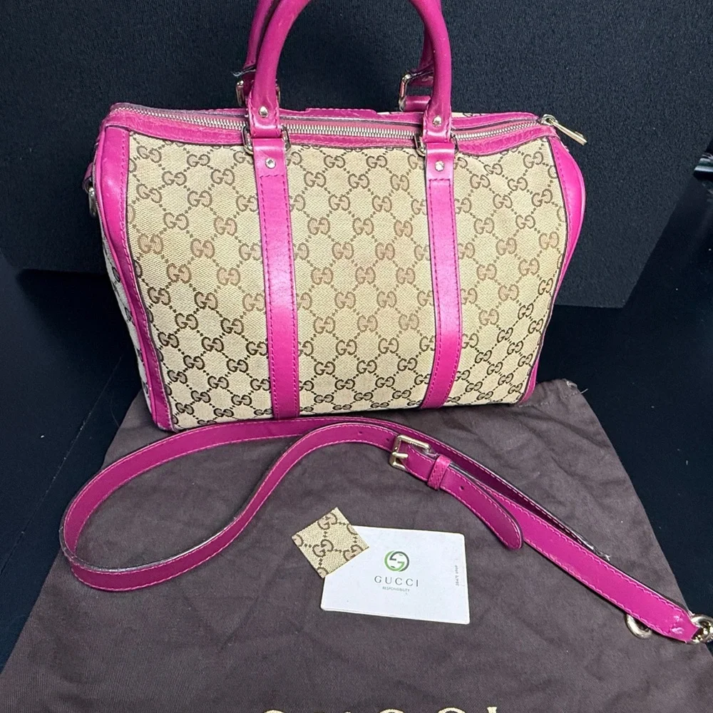 Gucci Beige GG Canvas Satchel with Bright Pink Leather Trim